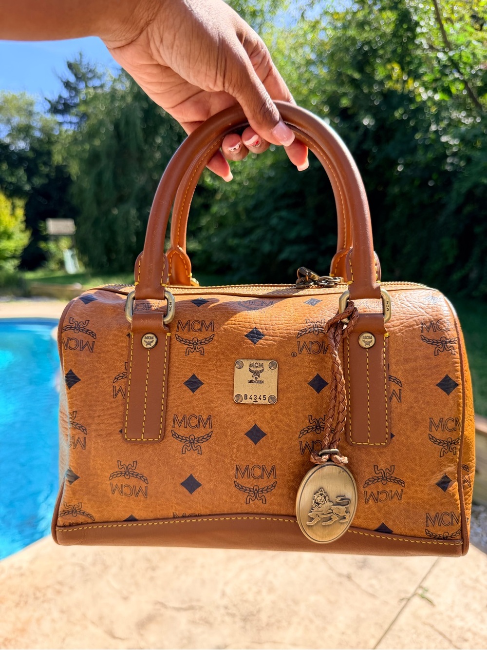 MCM Cognac Visetos Mini Satchel Lion Boston